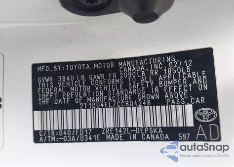 2012 Toyota Corolla S z USA, uszkodzony, nr VIN 2T1BU4EE7CC804248